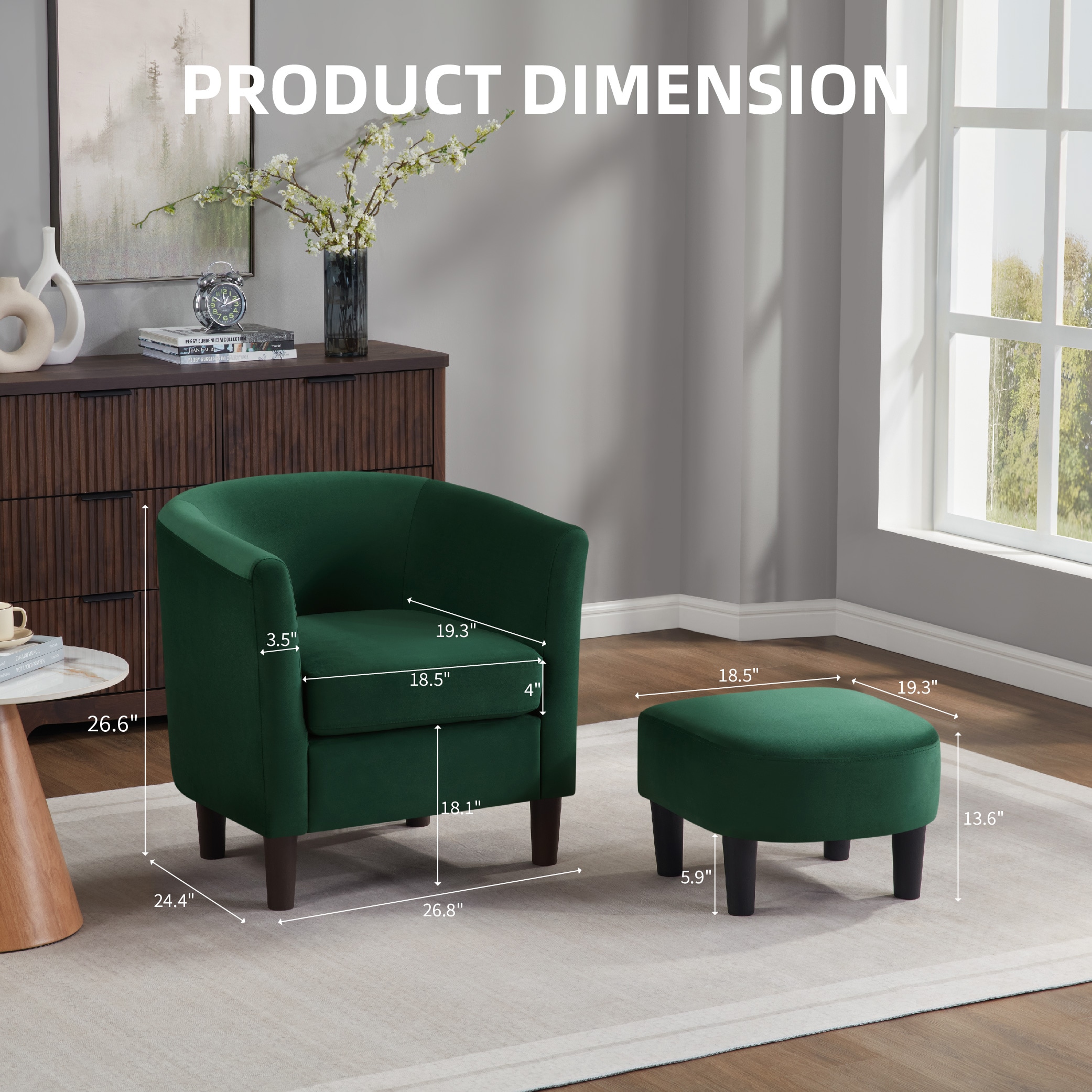 Velvet Accent Chair with Ottoman, Modern Barrel Chair Armchair for Living Room, Green Velvet Accent Chair with Ottoman, Modern Barrel Chair Armchair for Living Room, Green
